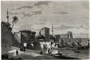 Udsigten over Rhodos havn og Aubussons port, tegning af Eugene Flandin, for at illustrere hans rejse til øen Rhodos i 1844. Indgravering i "" Le tour du monde"", redigeret af Edouard Charton