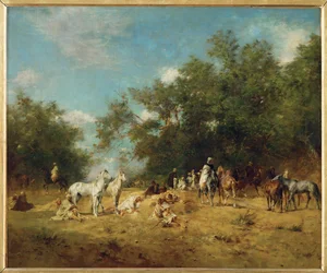 Arabiske ryttere gør holdt i en skov (maleri på lærred)