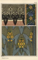Pilespids, Sagittaria sagittifolia, som designmotiv i broderi, farvet glas og stofmønstre
