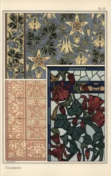 Akeleje, Aquilegia vulgaris, blomst i mønstre til tapet, farvet glas og fliser