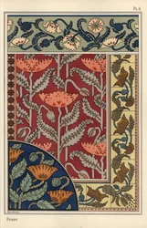 Valmuen, Papaver somniferum, i farvet glas, tapet, stof og flisemønstre. Litografi af Marc Mangin