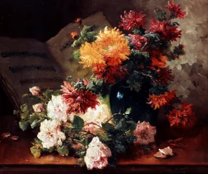 Krysantemum og roser. Maleri af Eugene Henri Cauchois (1850-1911) Privat samling.