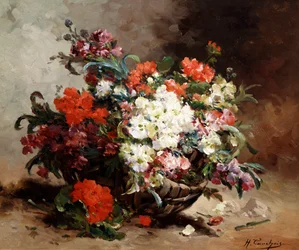 Sommerblomster i en kurv. Maleri af Eugene Henri Cauchois (1850-1911, Frankrig) Privat samling