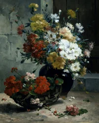 Stilleben med sommerblomster (pelargonier og margueritter). Maleri af Eugene Henri Cauchois (1850-1911) Privat samling.