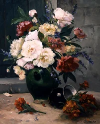 Stilleben med pæoner og nelliker. Maleri af Eugene Henri Cauchois (1850-1911) Privat samling.