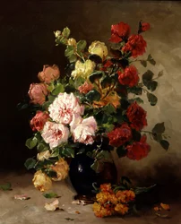 Stilleben med roser og nelliker. Maleri af Eugene Henri Cauchois (1850-1911) Privat samling.