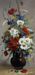 Stilleben med kornblomst, tusindfryd og valmuer. Peinture de Eugene Henri Cauchois (1850-1911 fransk) Collection privee