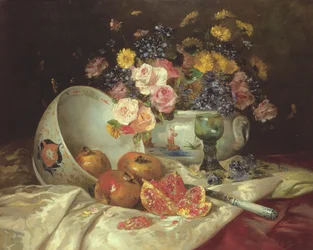 Stilleben af blomster i en kinesisk vase med granatæbler