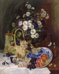 Stilleben med blomster og frugt