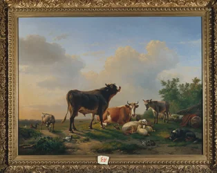 En tyr, en ko, et æsel, en ged, får og fjerkræ i et vidtstrakt landskab, 1849