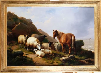 En pony og får på en klippe med et sejlskib bagved, 1868