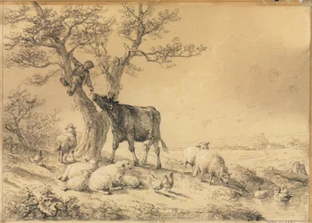 Landskab med dyr og dreng i træ, 1866.