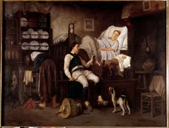 Interiør Bas-Breton eller Le Nouveau Ne Breton Family i et interiør. Maleri af Eugene Leroux (1807-1863) Rennes fra det 19. århundrede, Museum of Fine Arts