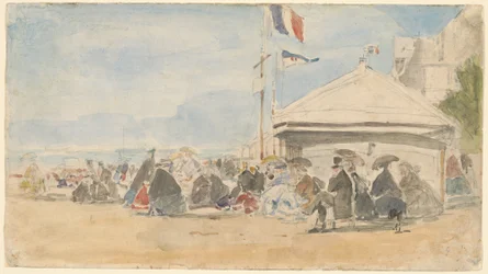 Strandhus med flag ved Trouville, ca. 1865.