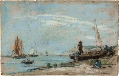 Strand med fiskerbåde (recto); Landskab med landmand, der pløjer en mark (verso)