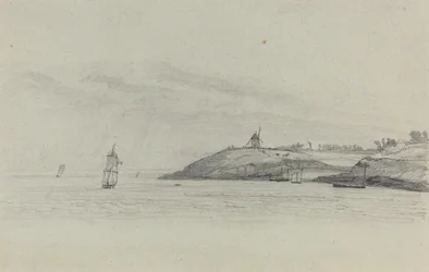 Kystlandskab med Skibsfart, Vindmølle i Afstand, ca. 1858.