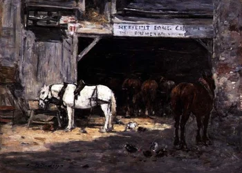 Heste til leje i en gård, ca. 1885-90 (olie på panel)