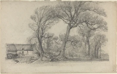 Landskab med træer, sommerhus og gårdvogn, ca. 1858.