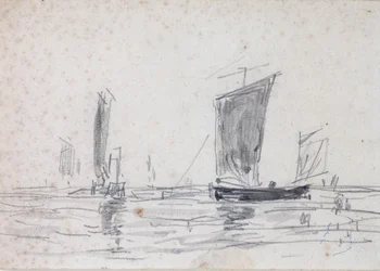 Sejlbåde på havet (vask og grafit på papir)