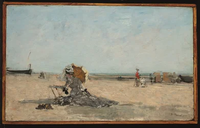 Kvinde med paraply på stranden, ca. 1880-85 (olie på panel)