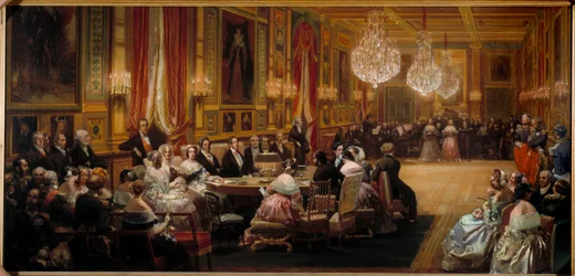 Aubert dirigerer sangerne fra Opera comique foran Louis Philippe I (1773-1850), kongefamilien, dronning Victoria og prins Albert. Maleri af Eugene Louis Lami (1800-1890) 1844 søn. 0,83x1,72 m