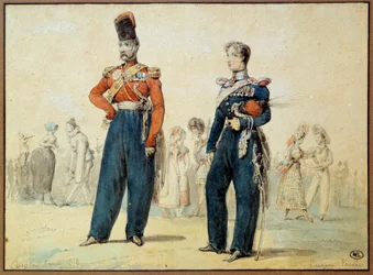 Bolddragt: to mænd i militæruniform. Tegning af Eugene Louis Lami (1800-1890) Paris fra det 19. århundrede, Louvre-museet