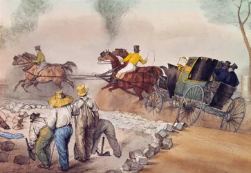 Støvpasserende Arbejdere slår gaderne op. Litografi af Eugene Louis Lami (1800-1890) Paris fra det 19. århundrede, Musee Carnavalet