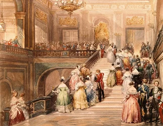 Kong Louis Philippe I (1773 - 1850) og Dronning Marie Amélie de Bourbon (1782 - 1866) modtog gæsterne i anledning af indvielsen af Versailles-museet i 1837. Illustration af Eugène Lami (1800 - 1890).