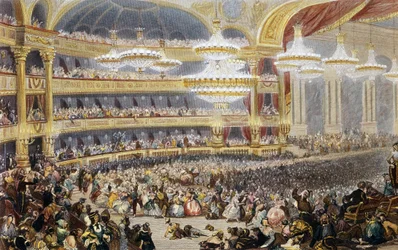 Maskebal i Paris Opera i det 19. århundrede. Gravering af Eugène Lami (1800 - 1890).