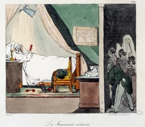 Natsjov. Børn er bange for at skræmme en person, der læser i sengen. Illustration af bogen "La vie de chateau"". Gravering af Eugene Louis Lami (1800-1890)