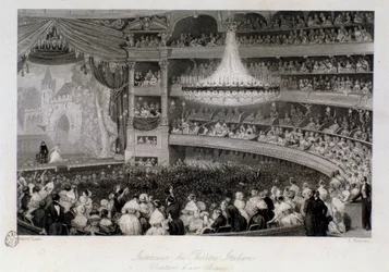 Ovation af en skuespiller under en forestilling i Theatre des Italians i Paris. Gravering af Eugene Louis Lami (1800-1890) 1843 Privat samling