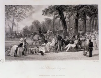 Passagerer og vandrere på Champs Elysees (Champs-Elysees) i Paris. Gravering af Eugene Louis Lami (1800-1890) 1841 Privat samling