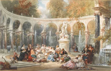 Selskab ved Bosquet de la Colonnade i Versailles have.