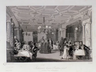 Udsigt over det indre af restauranten "Les trois freres provencaux"" nær Palais Royal i Paris. Gravering af Eugene Louis Lami (1800-1890) 1843 Privat samling