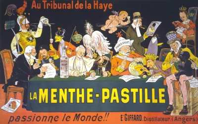 Tegnefilmsplakat på fredskonferencen i Haag i 1899: "" I Haag-domstolen brænder myntepastillen - verden!" af Eugène Ogé (1861 - 1936)