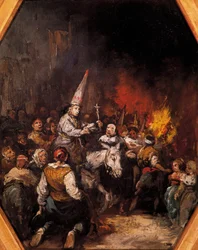 Dømte af inkvisitionen. De dømte bærer capirote-hovedbeklædninger, spidse kegleformede hatte. Maleri af Eugenio Lucas Velázquez (1817-1870), cirka 1862. Prado-museet, Madrid