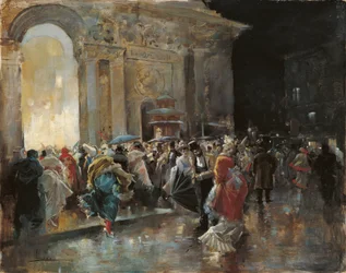 Ankomst til teatret på en aften med maskebal - Lucas Villaamil, Eugenio (1858-1919) - ca. 1895 - Olie på træ - 31x40 - Museo Carmen Thyssen, Malaga