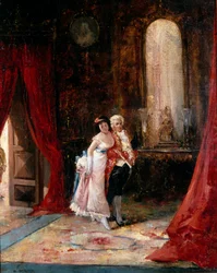 Selvtillid. En elegant ung kvinde på armen af en kammertjener går frem med et blik, der er en blanding af nysgerrighed og bekymring. Maleri af Eugenio Lucas Villamil (1858-1918). Olie på lærred. Privat samling.