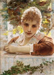Kvinde på veranda af Eugenio Prati (1842-1907)