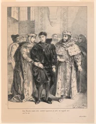 Illustration til Hamlet. Dronningen forsøger at juble Hamlet (I,2)