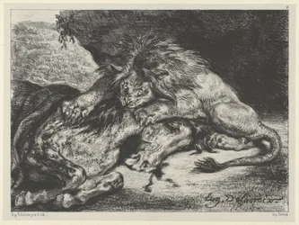 Løve fortærer en hest, 1844, 1844.