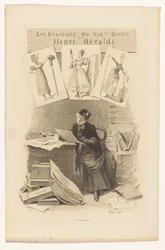 Kvinde ser på billeder bag et skrivebord Titelside for: Henri Béraldi, Les engravers du XIXe siècle, 1899