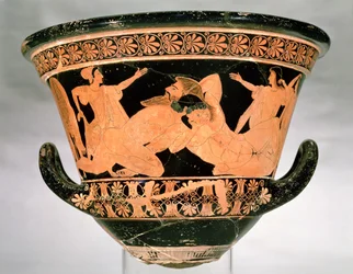 Attisk rødfigureret kalkkrater med Herakles i brydekamp med Antaios, fra Cerveteri, Italien, ca. 510 f.Kr.