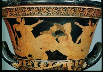Attisk rødfigurig kalk-krater med Herakles i brydekamp med Antaios, fra Cerveteri, ca. 510 f.Kr.
