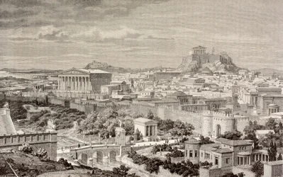 Kunstnerindtryk af Athen, på kejser Hadrians tid, fra 