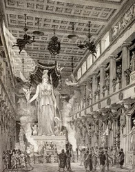 Kunstnerindtryk af statuen af gudinden Athena i Parthenon, Athen, i den klassiske periode, fra 
