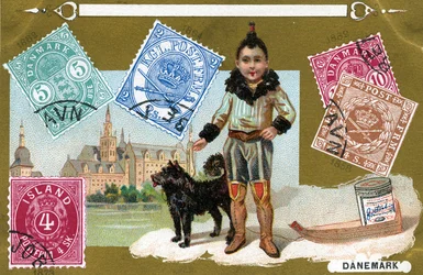 Danske og islandske frimærker med et inuitbarn og hans hund, 1897