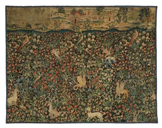 Mille fleurs gobelin fragment af dyr, fugle og landskab, ca. 1500 (uld)