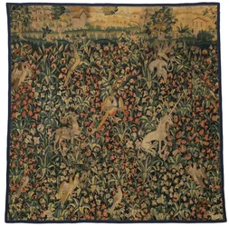 Mille fleurs gobelin fragment af dyr, fugle og landskab, ca. 1500 (uld)