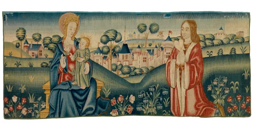 Tapetfragment af mille fleurs, der forestiller Sankt Benedikt, der præsenterer sit hjerte for Jomfru Maria